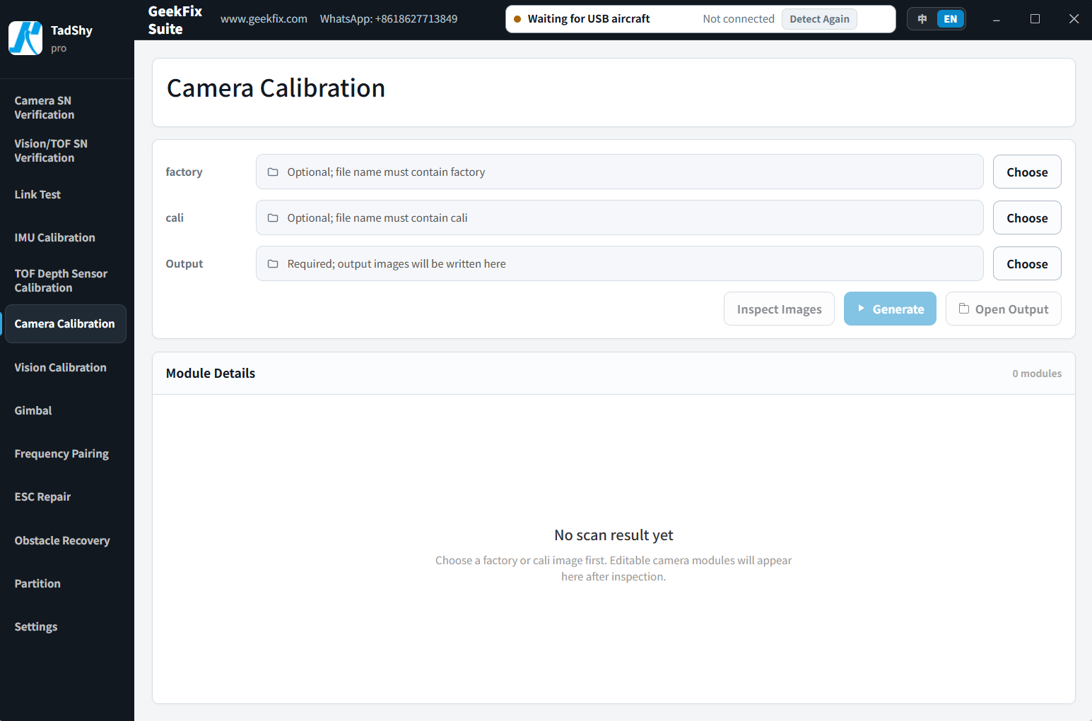 Main window: dark sidebar with the account card and feature list, work area on the right, and the aircraft status pill in the top bar