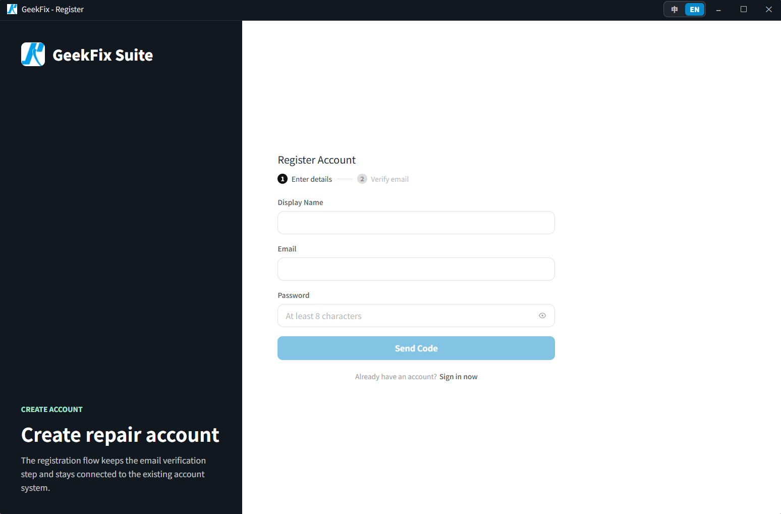 Register page: enter your details